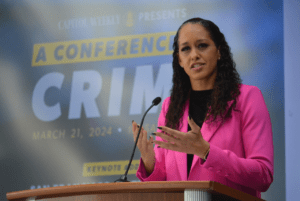 County of San Francisco District Attorney Brooke Jenkins delivered the keynote speech at Capitol Weekly's Conference on Crime in Sacramento on March 21, 2024. The conference examined three challenging issues: rising retail theft, the fentanyl crisis, and the ongoing effects of Prop 47 in the state. CBM photo by Antonio Ray Harvey.
